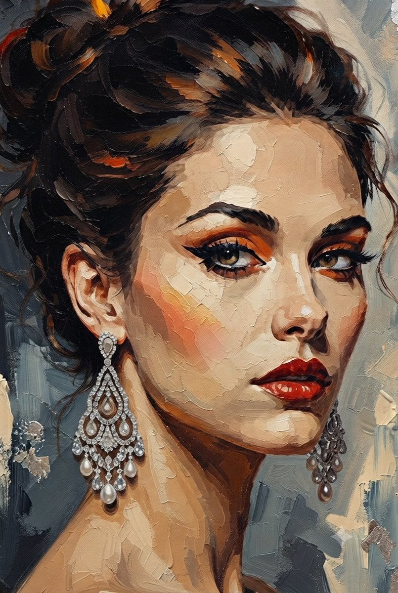 Elegant Woman Oil Portrait With Chandelier Earrings — AI result, variation 2 of 4