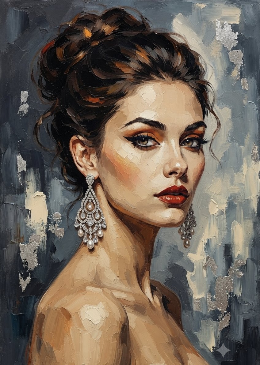 Elegant Woman Oil Portrait With Chandelier Earrings — AI result, variation 3 of 4