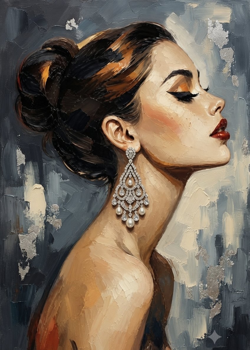Elegant Woman Oil Portrait With Chandelier Earrings — AI result, variation 4 of 4