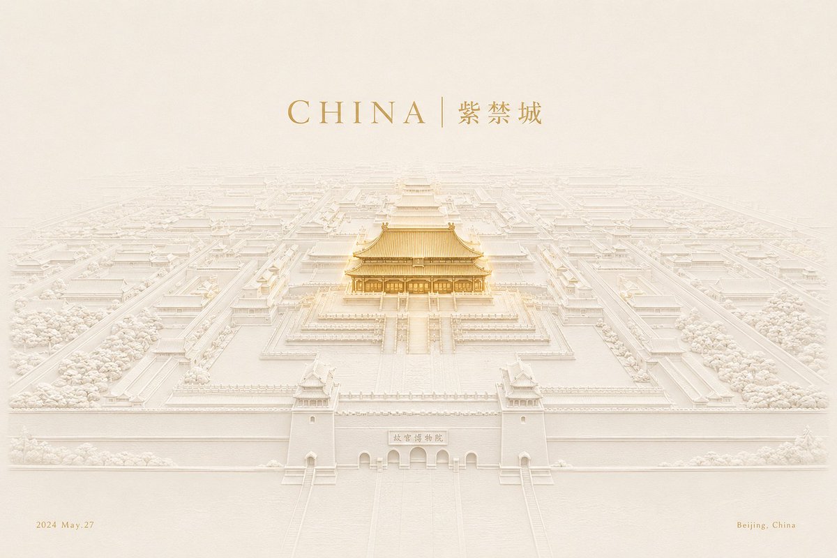 A city's most recognizable landmark appears as a pressed ivory relief, seen from high above along a strong central axis. A single hero building glows in matte…