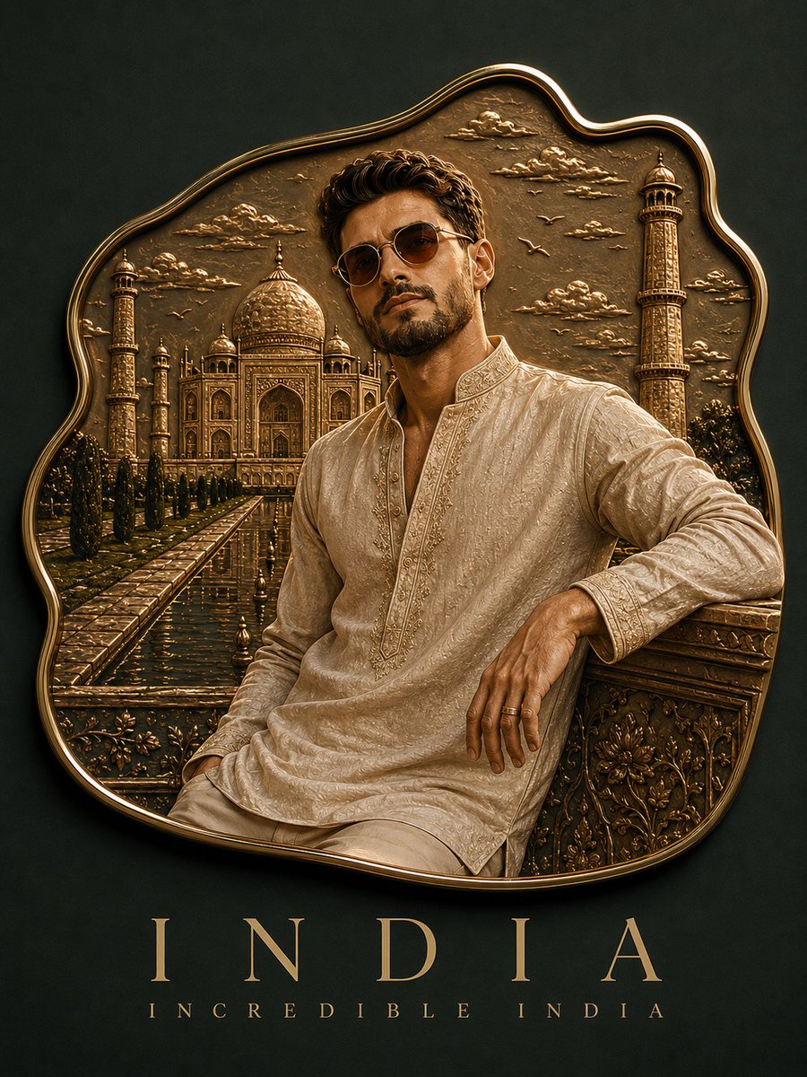 A realistic handcrafted enamel magnet with an organic Taj Mahal silhouette, gold-edged metal depth and soft studio glare. The person from your photo becomes a…