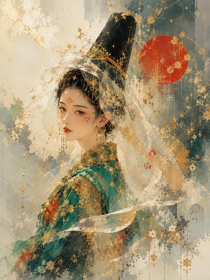 A soft, dreamlike portrait of a royal princess in emerald and gold embroidered hanbok, with a sheer veil, floral face markings and gold dust drifting around…