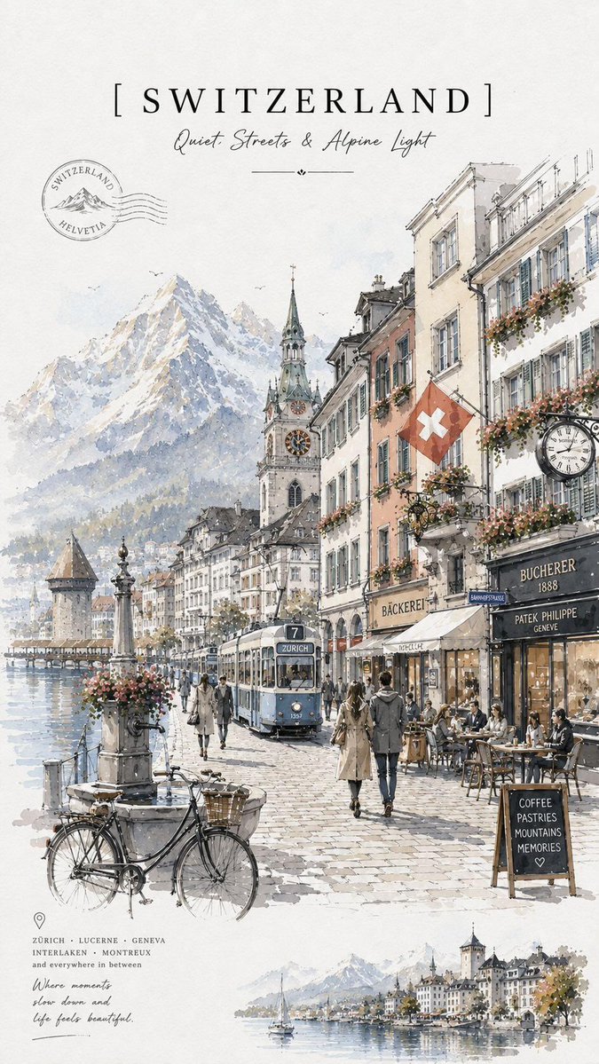 A soft, hand-painted city scene in ivory and neutral tones, with loose washes, fine pen lines, cafe fronts, bicycles and flower-filled balconies. Serif titles…