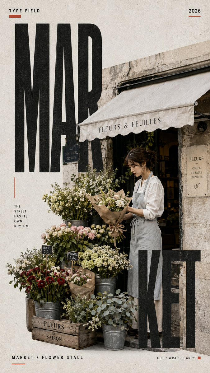 A vertical lifestyle photograph where oversized condensed letters sit inside a real street scene, partly hidden behind people, fabric and doorways. It reads as…
