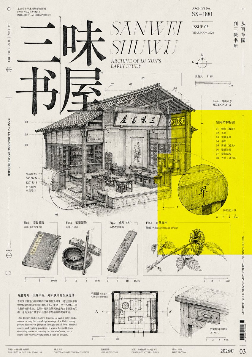 A vertical editorial poster built from black-and-white scientific engravings, a giant serif headline, and a flat fluorescent-yellow block. Its asymmetric…