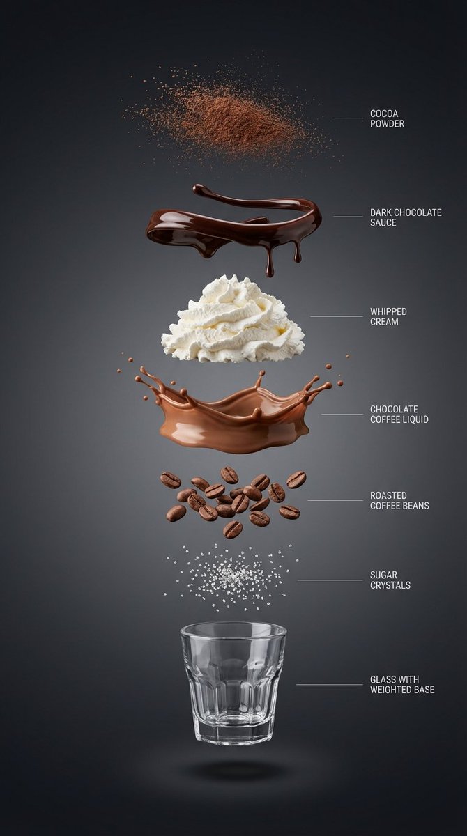 A vertical stack of coffee ingredients floats apart on a near-black studio backdrop, each layer casting its own soft shadow. The empty glass at the base…