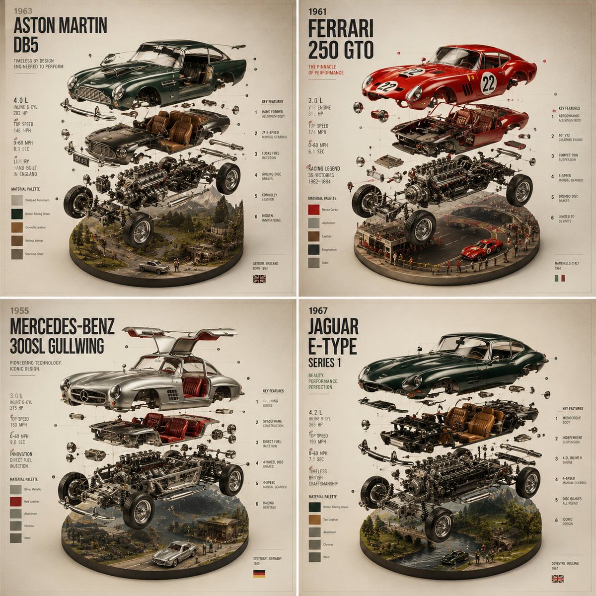 A 2x2 grid of premium exploded-view product posters, each showing a classic car floating apart into its components. Material swatches, numbered callouts and a…