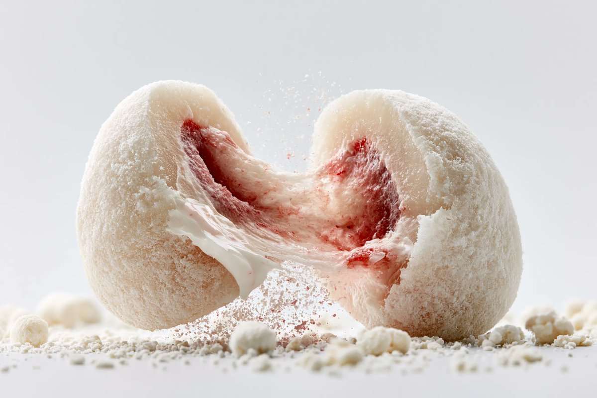 A food item bursts apart into two halves, with filling spilling out and crumbs hanging frozen in the air. The motion makes a plain snack look rich, dramatic…