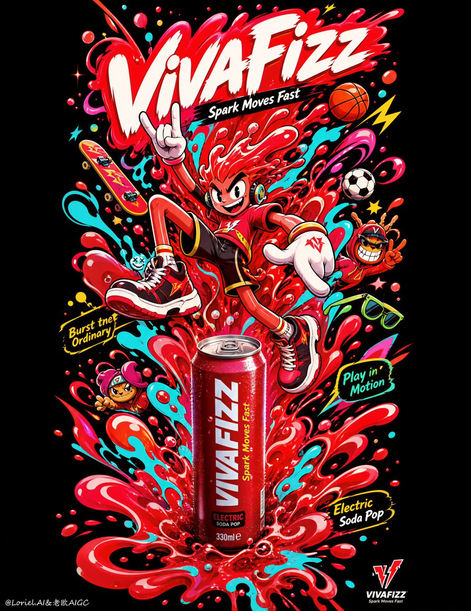 A tall black-background soda poster built around a fiery red liquid burst, with a cartoon athlete mid-air and a glossy can anchoring the splash. The energy…