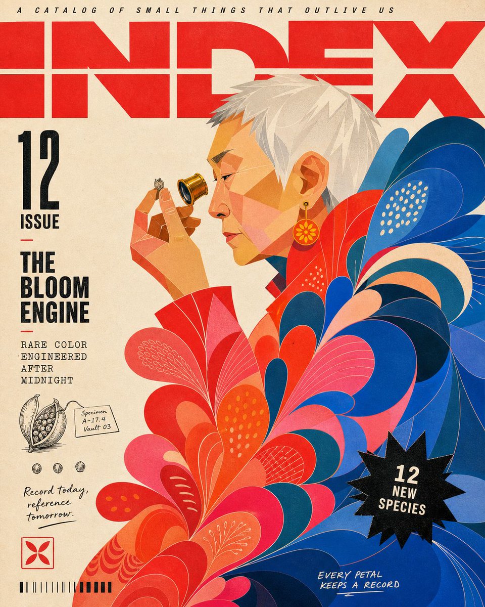 Faceted Profile Magazine Cover With Petal Cascade — AI result, variation 4 of 4