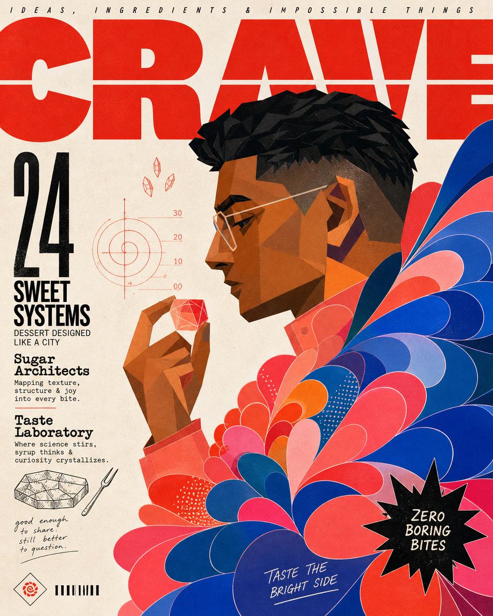 A left-facing side profile built from hard-edged cut-paper facets sits beside a flowing cascade of petals in red, pink, orange and blue. Printed-looking oat…