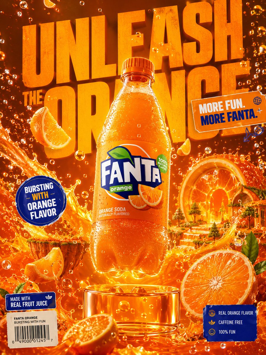 A vertical beverage ad where a Fanta Orange bottle floats above a glossy orange pedestal, surrounded by juice waves, carbonation bubbles and citrus…