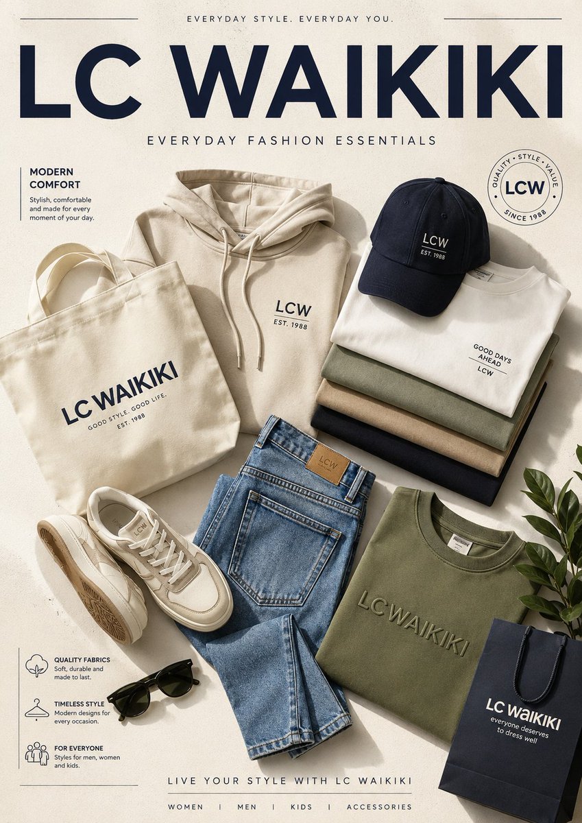 A clean, cream-toned retail poster where folded tees, hoodies, denim, caps and sneakers sit in a balanced editorial layout. The result reads like a polished…