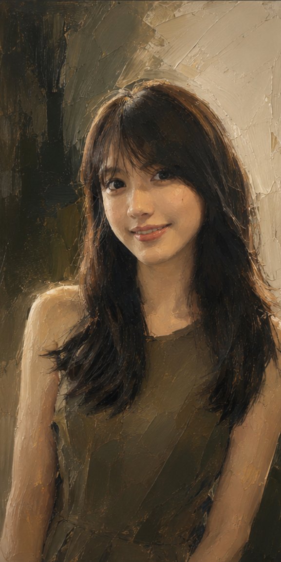 A personal photo becomes a contemporary oil painting with bold colour blocks, visible brushwork and a quiet museum spotlight. The face and expression stay…