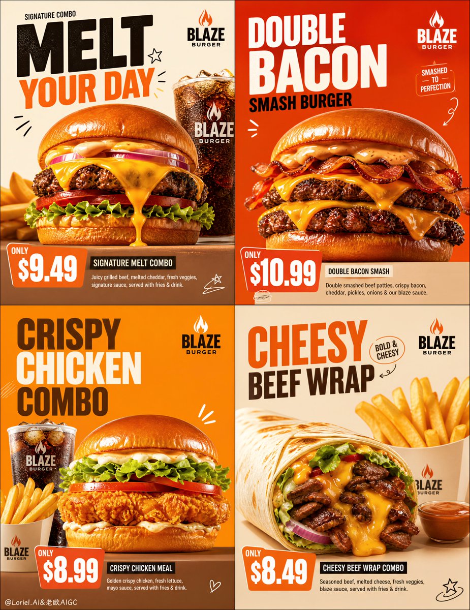 A 2x2 grid of four square promo posters for a fictional burger brand, each with a glossy hero burger, combo or wrap, bold headline and clear price block. Lit…