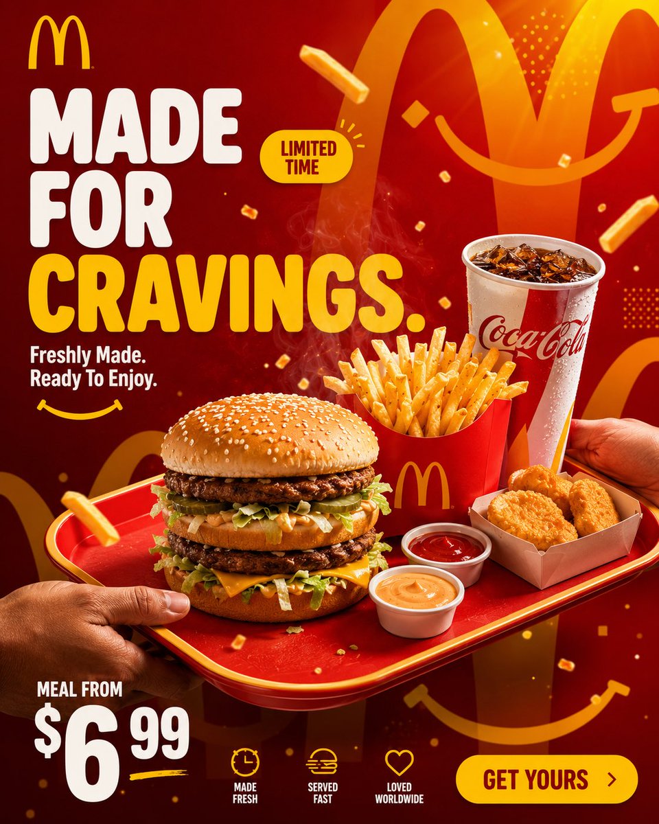 Fast Food Tray Hero Ad with Hands Exchange — AI result, variation 3 of 4