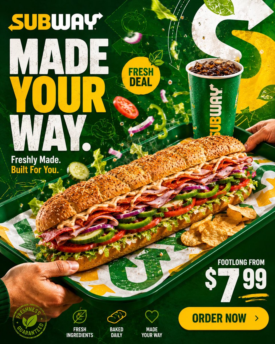 A hero-scale food tray passes between two hands, with the sandwich or burger filling most of the frame, ingredients spilling over and fresh details like mist…