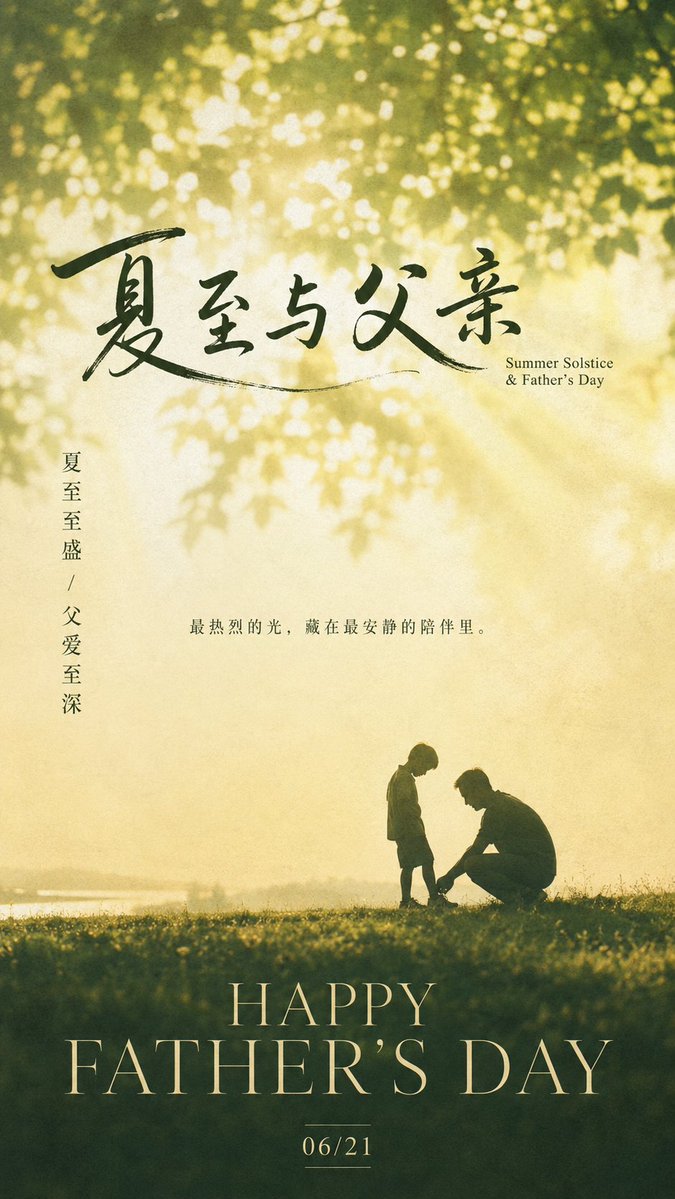 A vertical Father's Day poster built around the outline of a father and child, set in soft summer light with generous white space. The figures stay faceless…