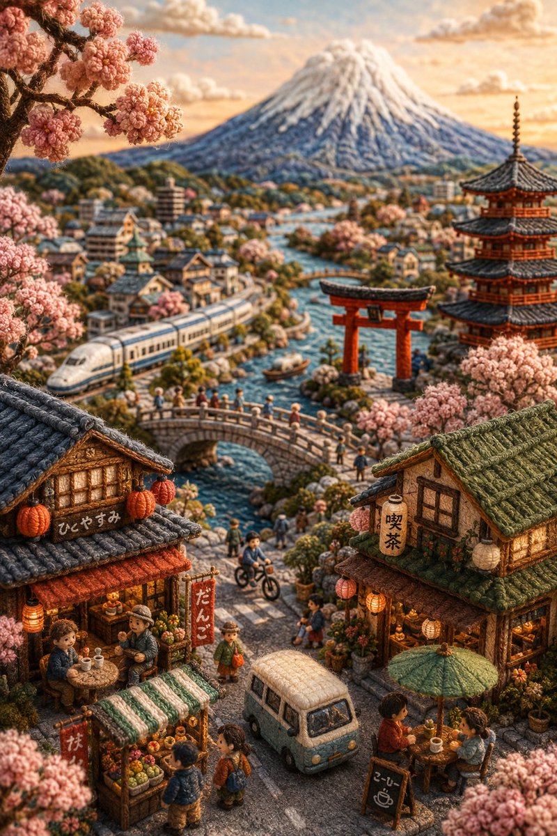 A vertical scene of everyday Japan built from felt, yarn and wool, with ramen shops, lanterns and a Shinkansen beside a river. The soft handmade textures give…