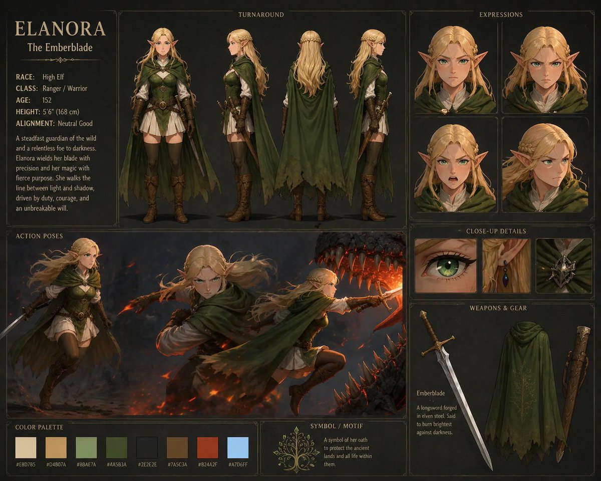 Female Elf Character Sheet Illustration — AI result, variation 2 of 4
