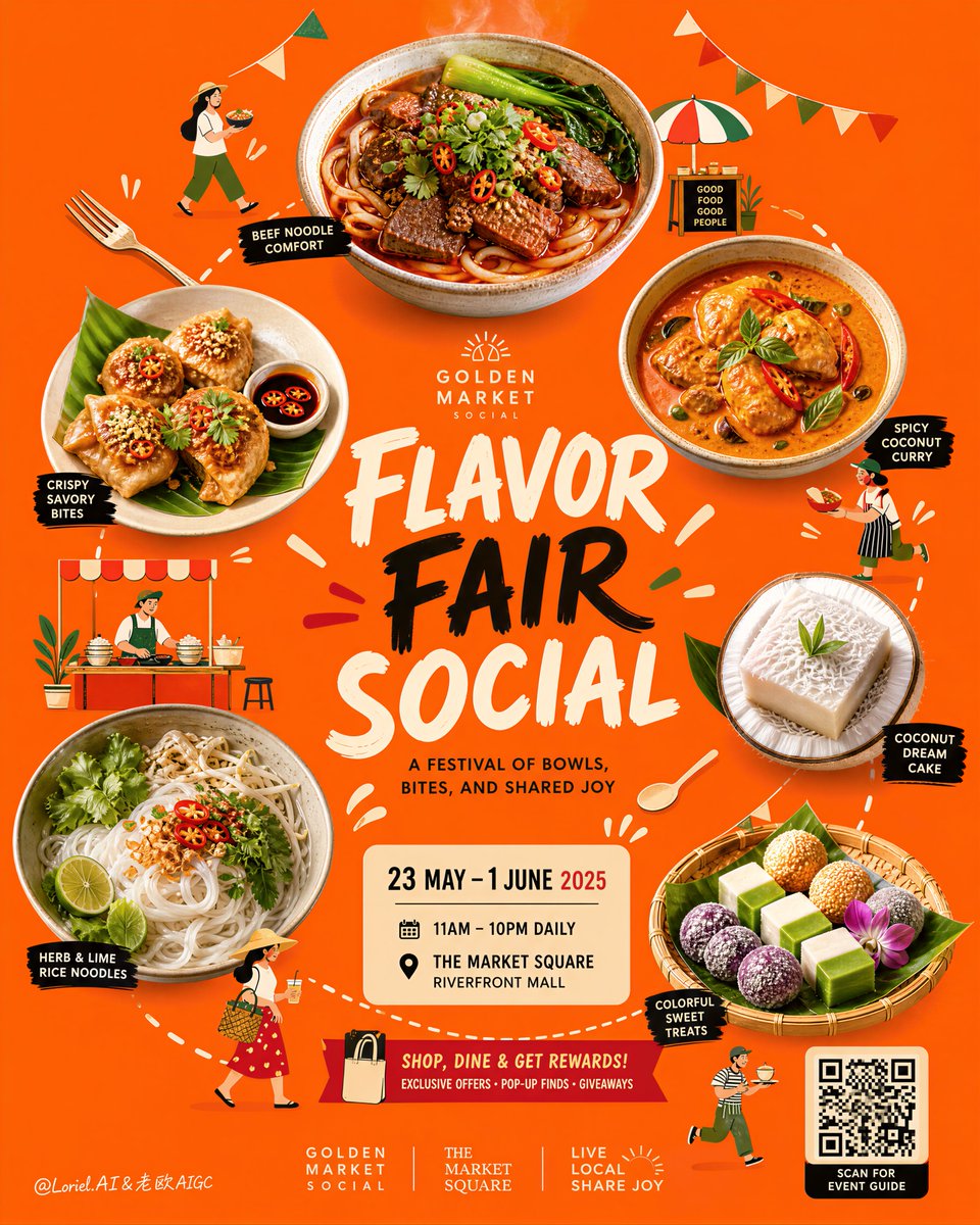 A bold orange poster where five real food photos orbit a large central title, paired with flat illustrated vendors and bunting. The layout reads clearly from a…