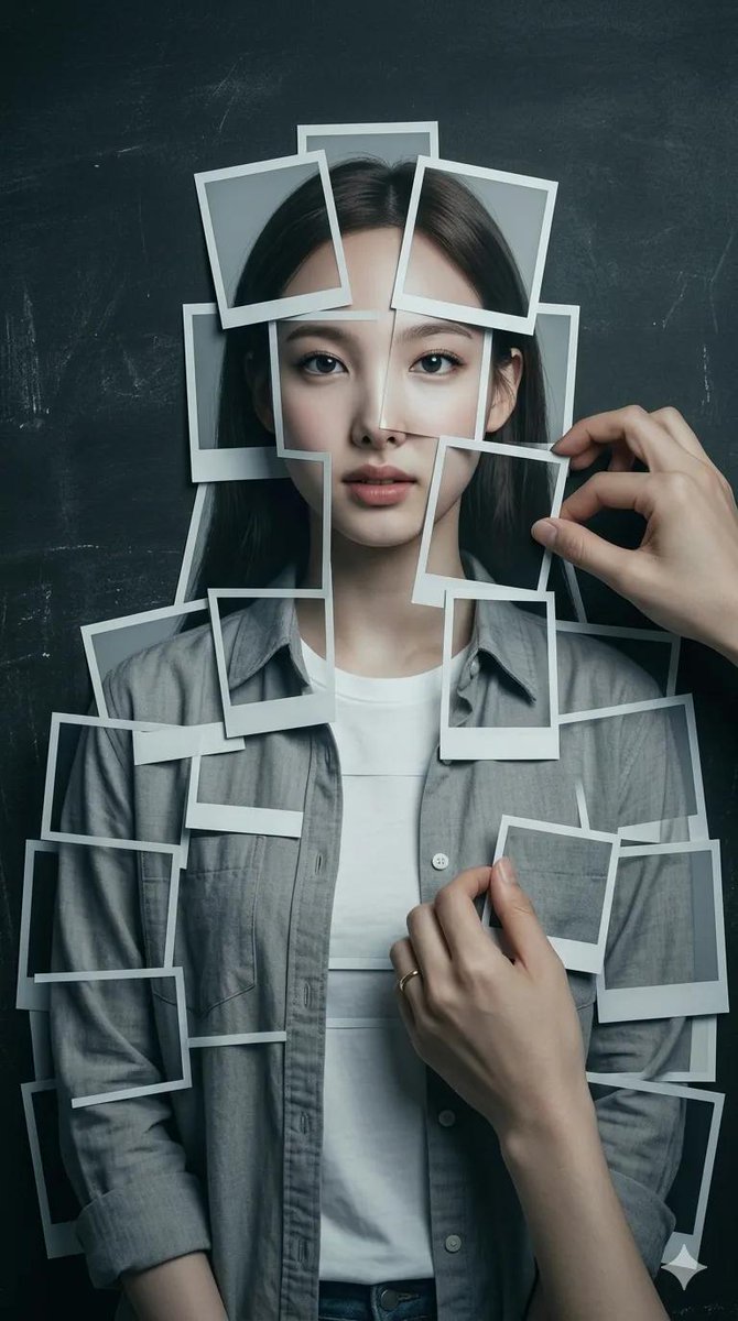 A hyperrealistic human figure is assembled from about twenty instant photographs laid over a dark slate surface. Hands at the edges adjust the prints, so the…