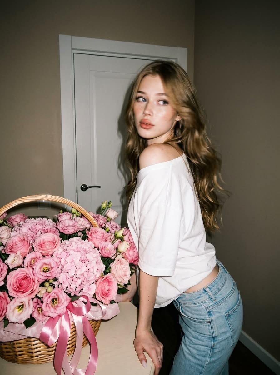 Flash Portrait Turning Head Behind Pink Bouquet — AI result, variation 2 of 2