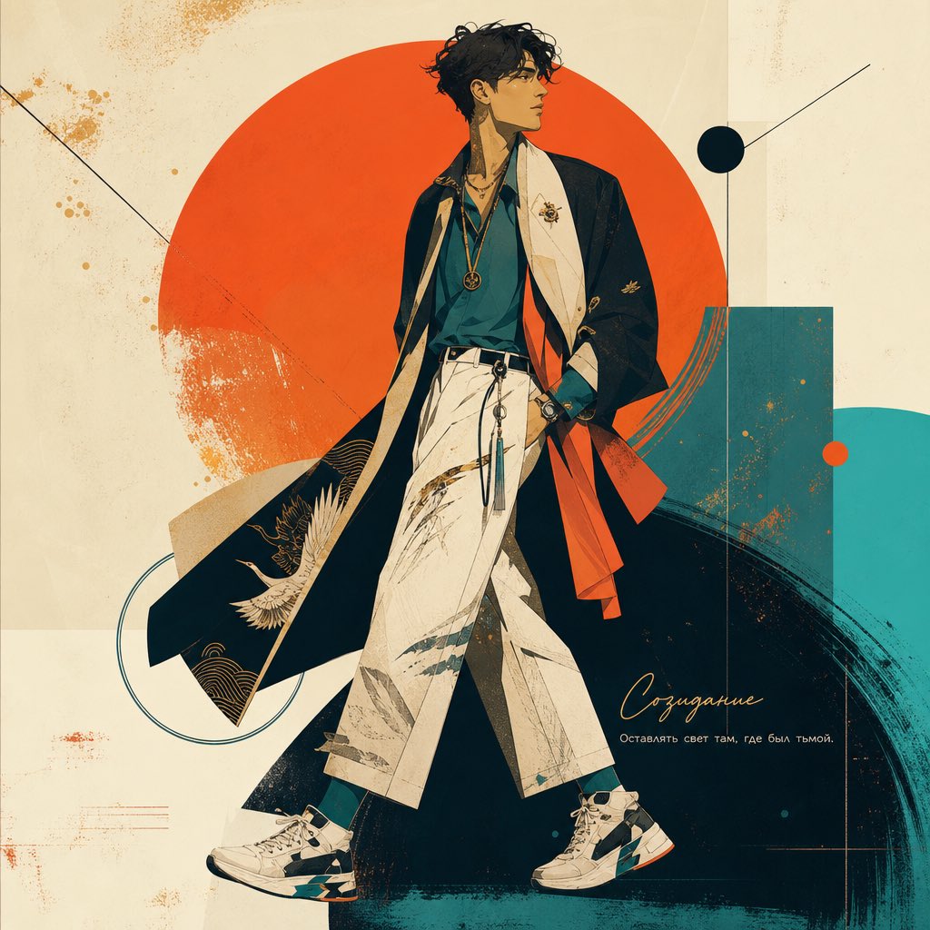 A flat, hand-drawn style poster where a stylized character stands in a cinematic pose against bold geometric color blocks. Its one-of-a-kind outfit and…