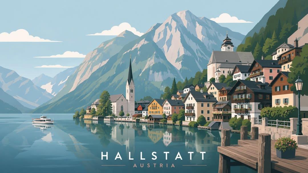 A set of clean vector posters showing Hallstatt, Bergen, Kyoto and Santorini in soft pastel tones. Simple geometric landscapes and calm skies give each town a…