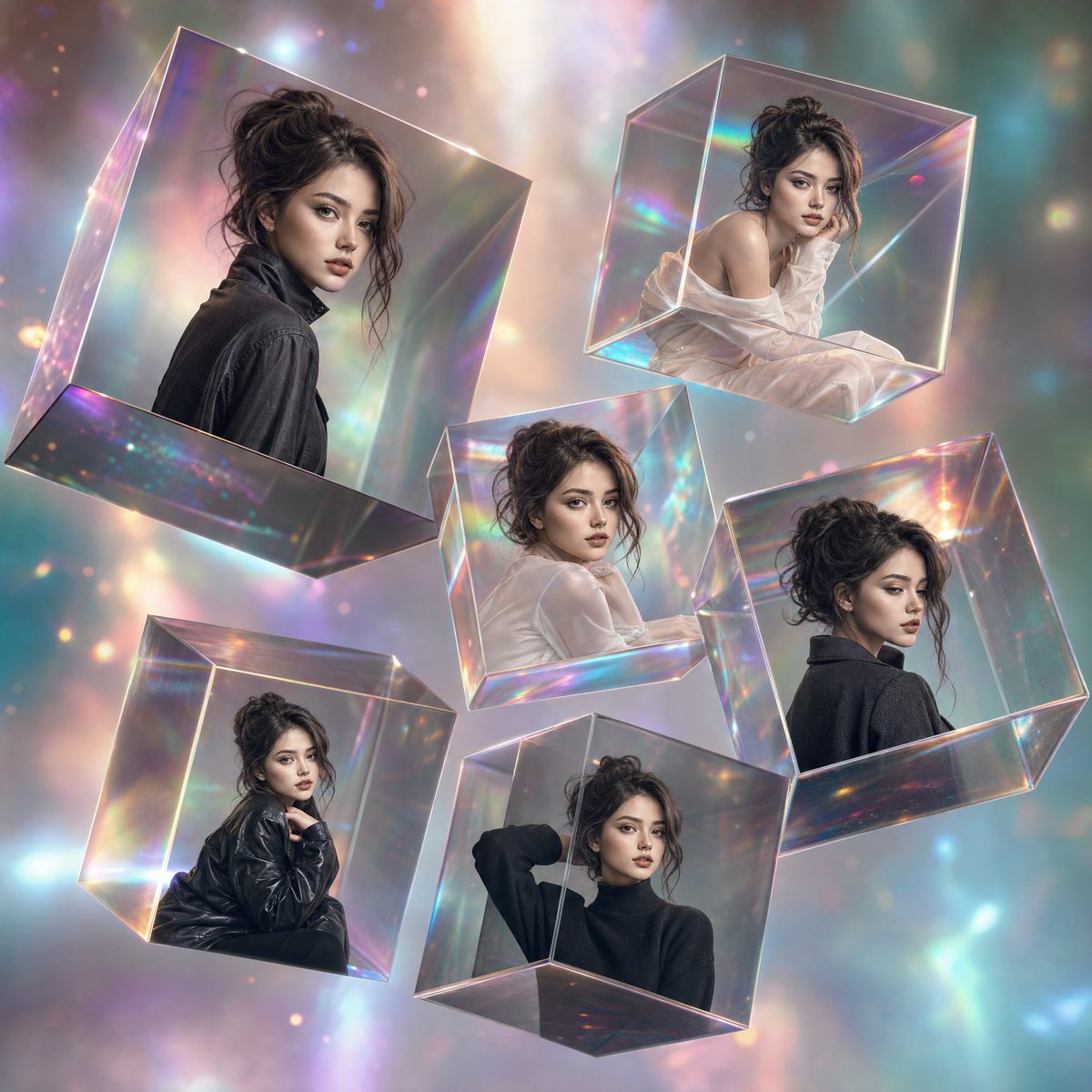 Fashion models sit inside suspended cubes that tilt at different angles above a holographic gradient. Soft shadows and light particles give the square poster a…