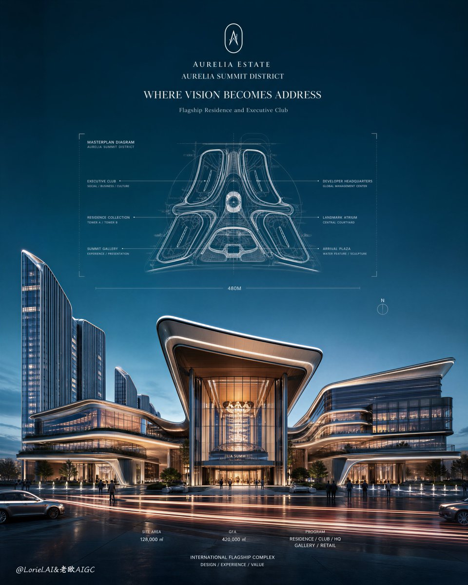A tall, airy poster with a fine white exploded diagram floating above a pale stone pavilion with champagne metal fins. The sky is mostly open space, so the…