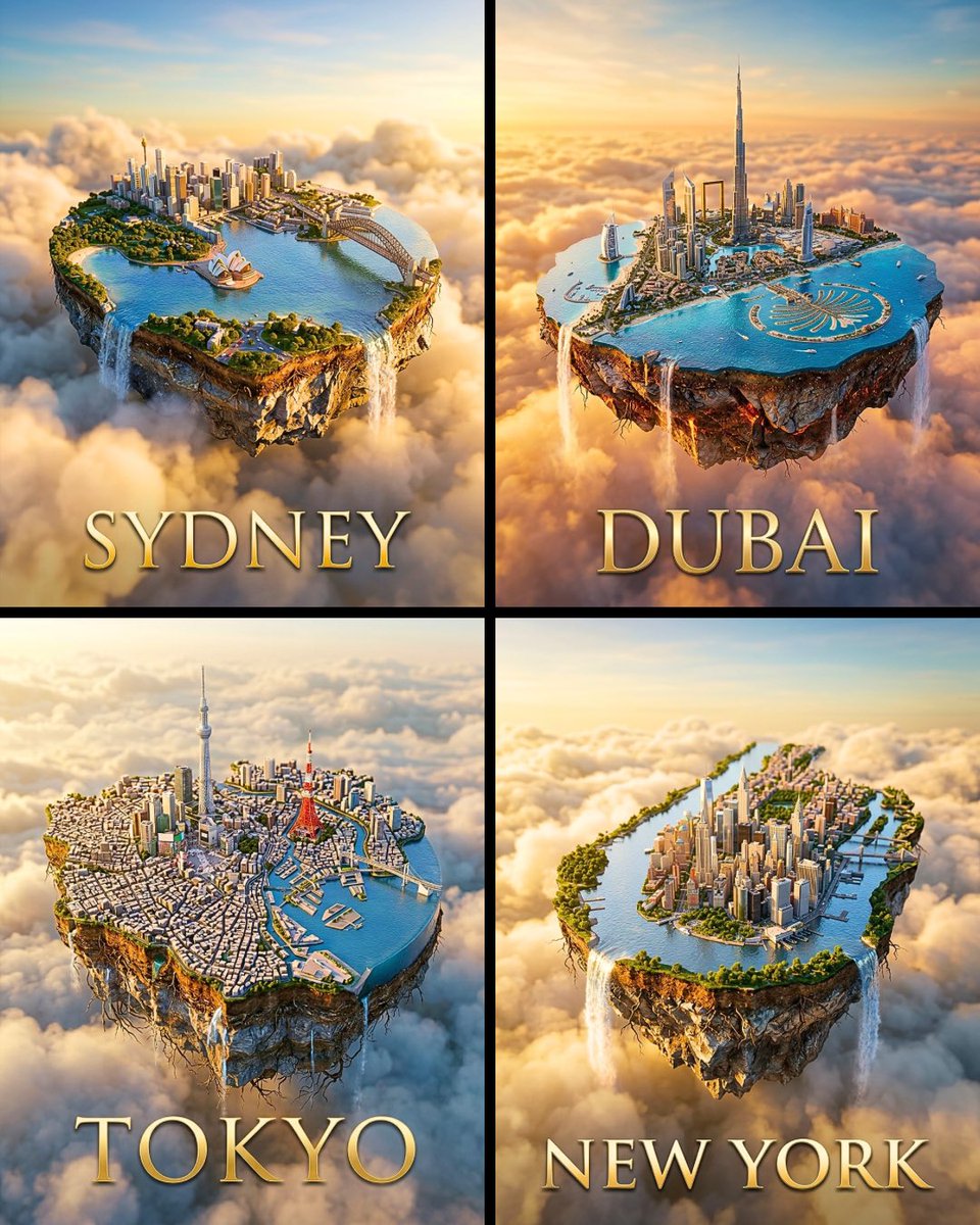 A small city sits on a chunk of earth hovering above golden clouds, with a waterfall spilling off its rocky edge. The skyline shows only its best-known…