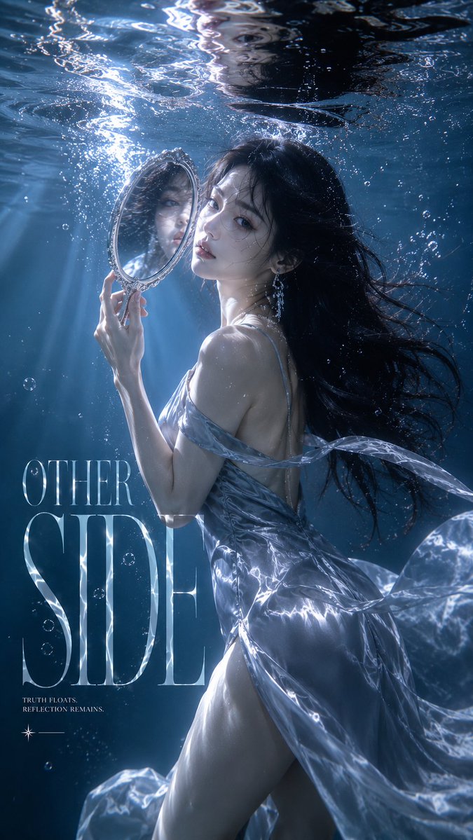 Floating Dress Portrait with Serif Title in Water — AI result, variation 3 of 4