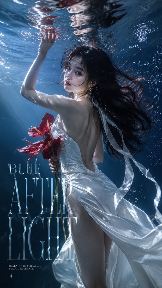 A vertical image of a woman drifting beneath the surface, her sculptural dress and ribbons trailing through blue light. The title sits in the water itself…
