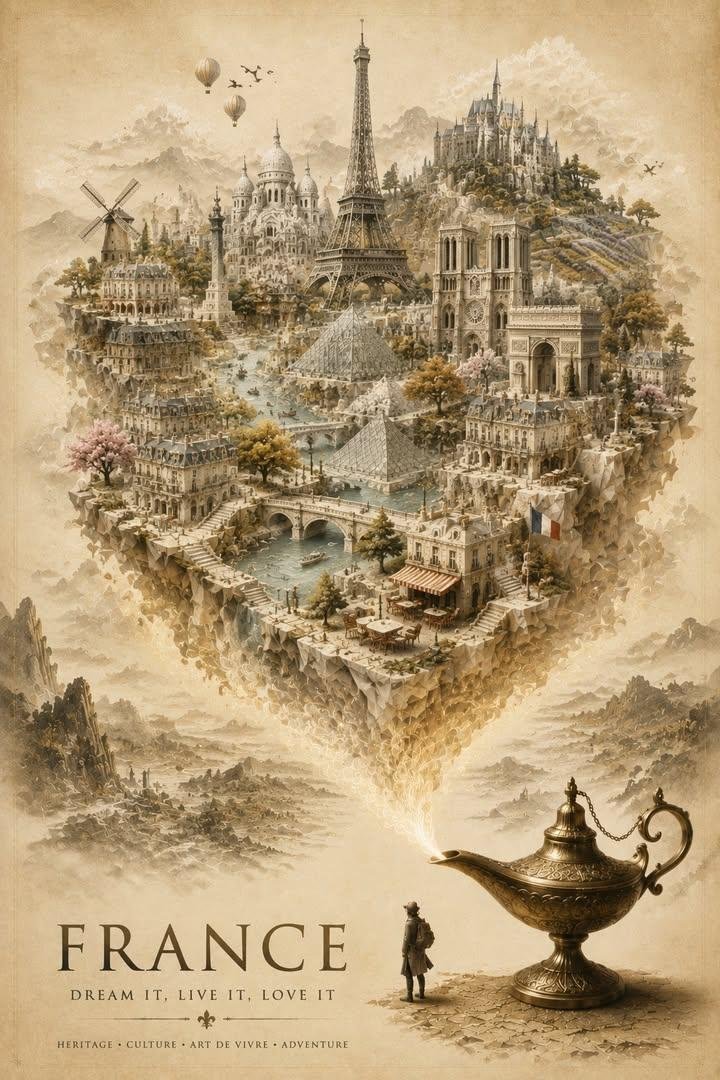 A vintage-style travel poster where a paper-and-marble miniature France drifts up from a brass lamp's golden smoke. The sculpted landmarks dissolve into a soft…
