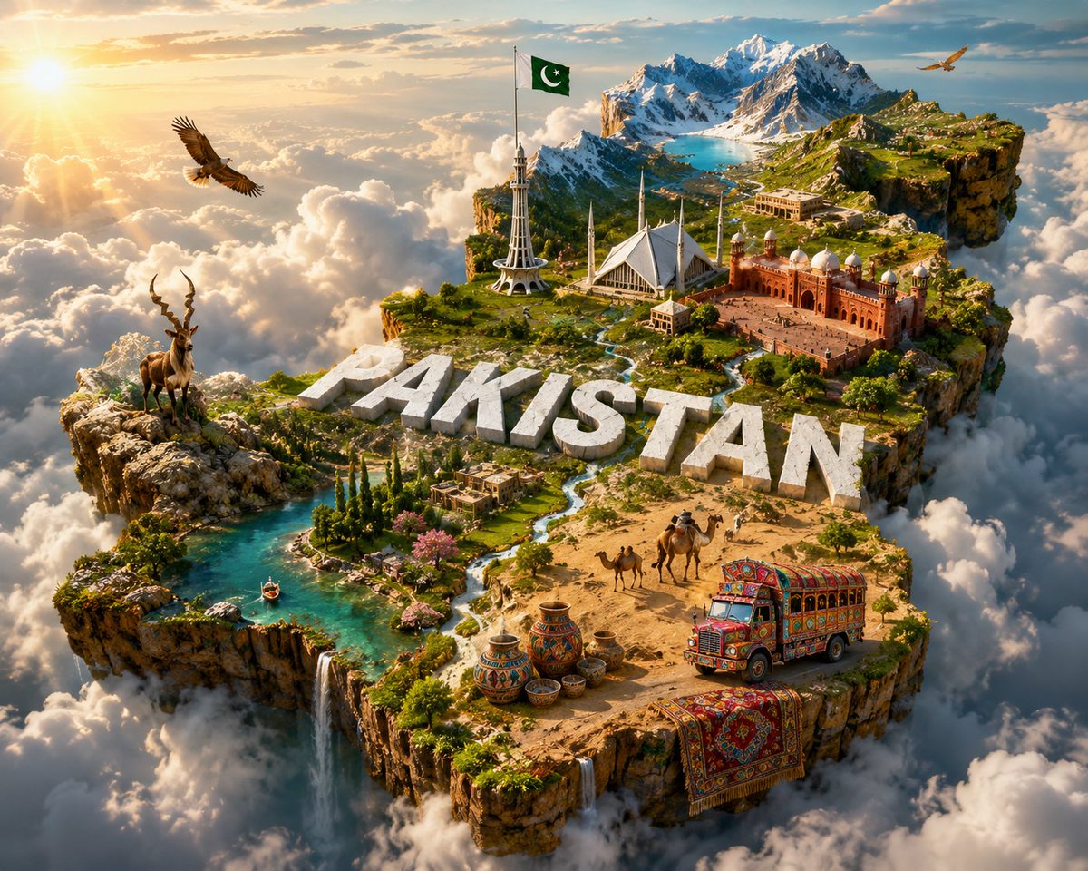 A miniature island in the shape of Pakistan drifts above a bed of soft white clouds, with recognizable mosques and monuments set on its green terrain. The…