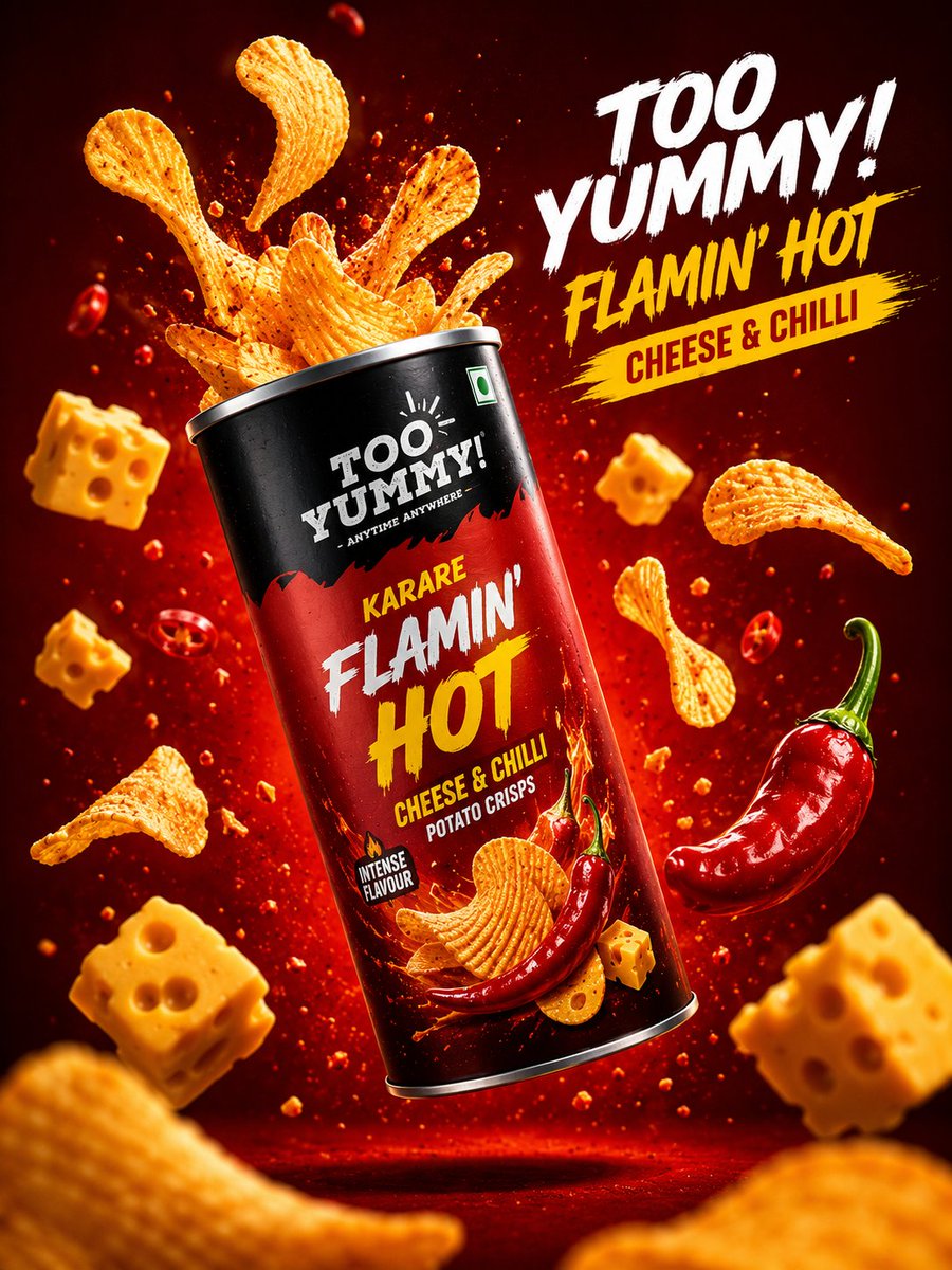 A tilted Pringles can hangs mid-air over a deep red gradient, with crisps bursting from its top and cheese cubes drifting around it. The frozen motion and…