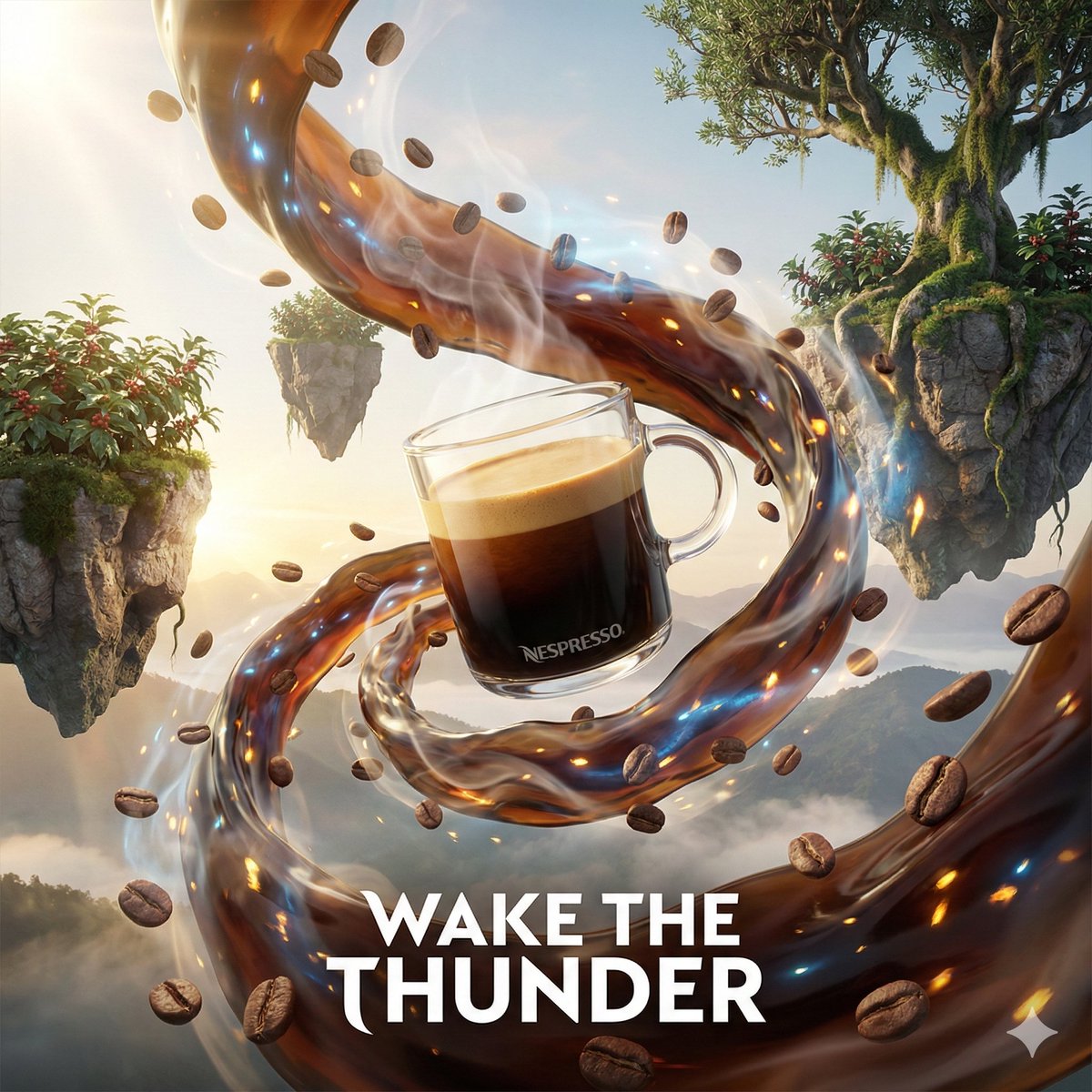 Floating Product Ad Poster in Fantasy Landscape — AI result, variation 4 of 4