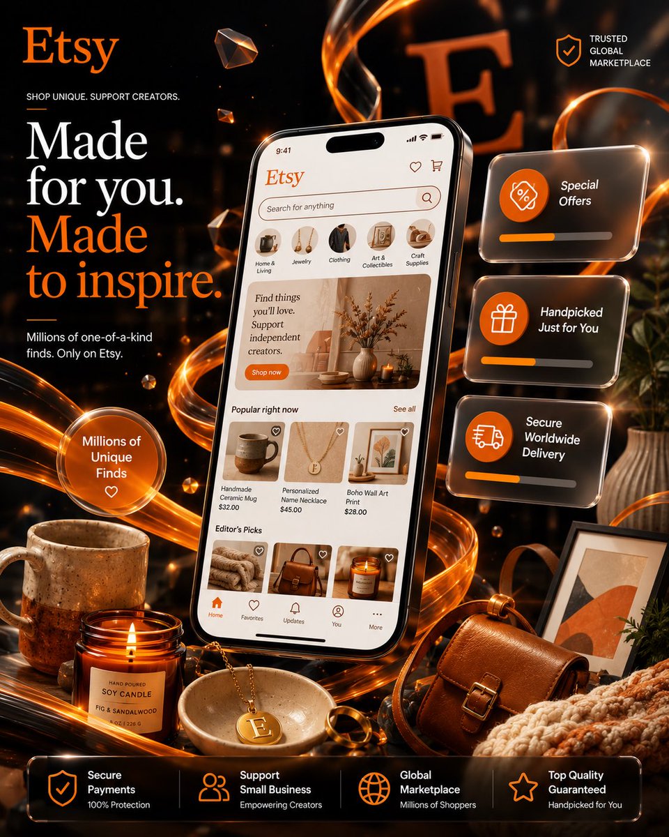 A vertical retail poster built around a floating smartphone showing a shopping app, with three curated products and glass UI cards in a navy and blue palette.…