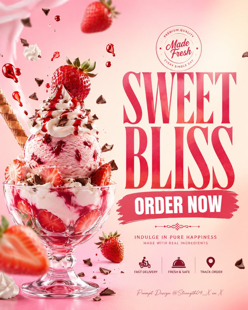 A pink-and-cream dessert poster with a strawberry sundae anchored bottom-left, strawberries and cream swirls drifting around it, and a large centered headline.…