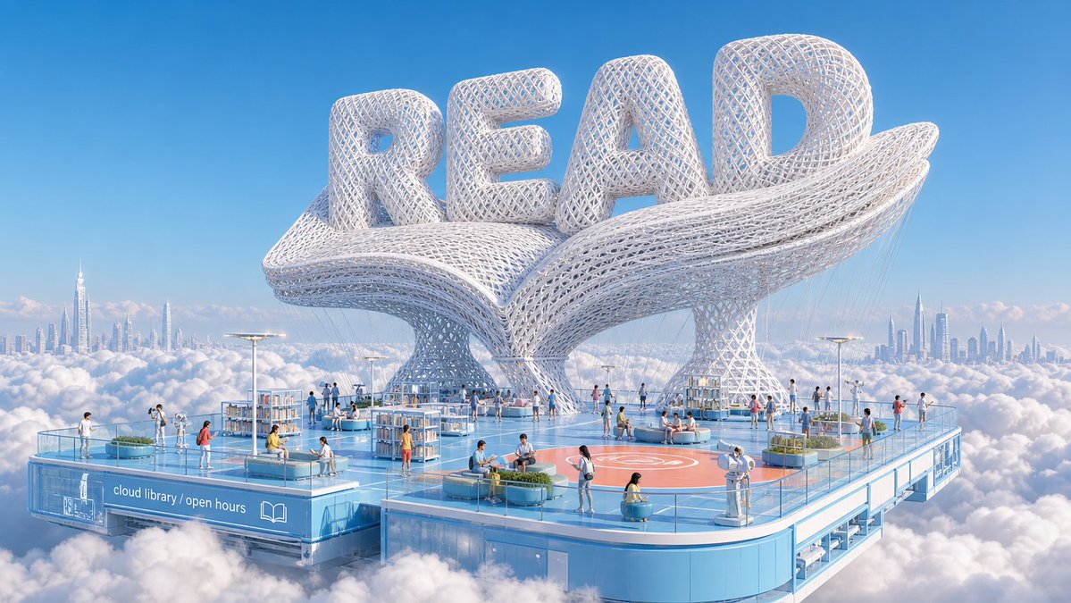 A giant white woven-lattice word hovers above a dense cloud layer, its twisted letterforms posing the word's own action. Cables drop from the lettering to a…
