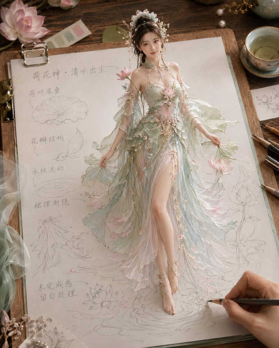 Flower Goddess Rising from a Costume Sketch — AI result, variation 2 of 4