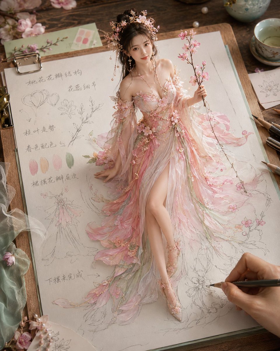 A realistic woman in full body steps out of a pencil costume design on a wooden board, with petals and branches folded into a sheer, layered gown. Only the hem…