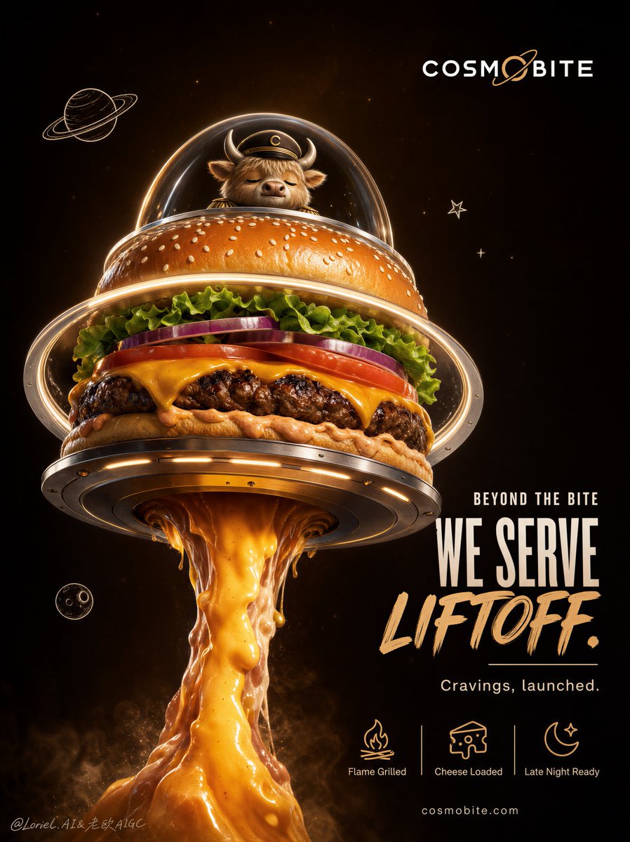 A single gourmet cheeseburger hovers as a flying saucer under a glass dome with a small bison mascot, a molten cheese plume trailing below. Dark espresso…