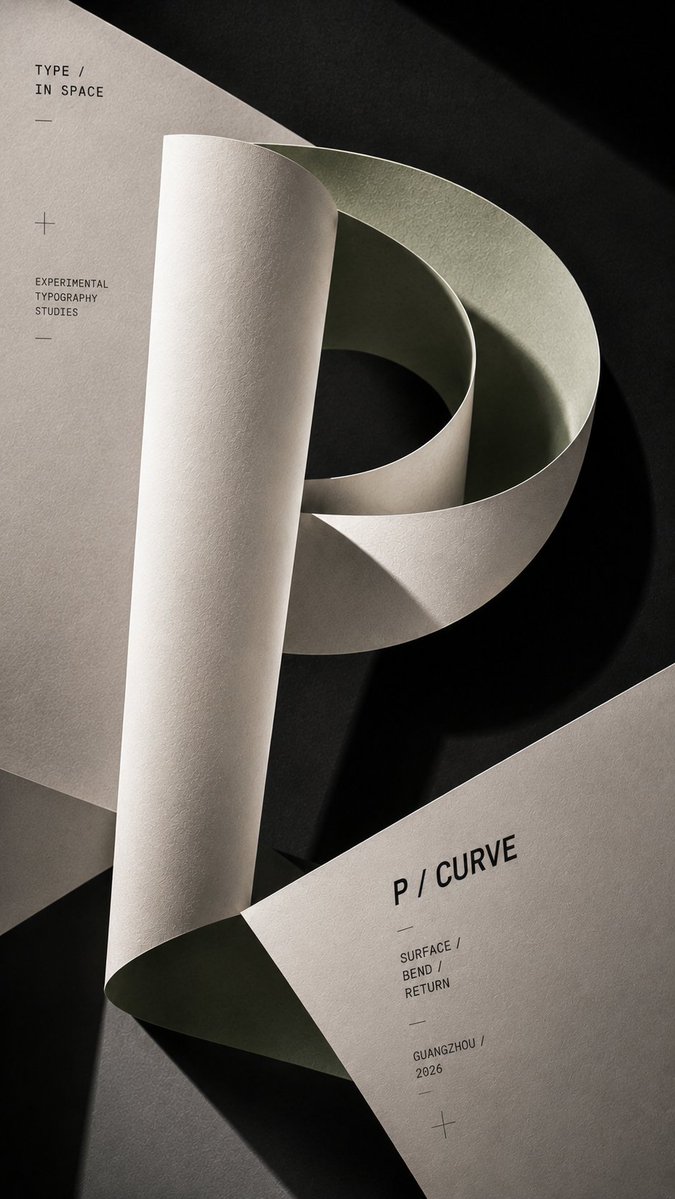A large letter is built from thin matte paper that folds, curves and overlaps, with muted ivory and an accent color showing only inside the bends. Strong…