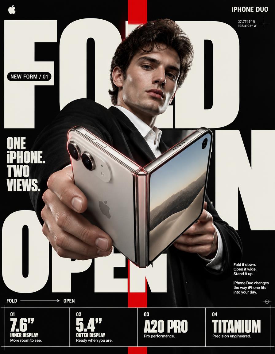 Folding Phone Hero Shot With Giant Background Type — AI result, variation 2 of 2