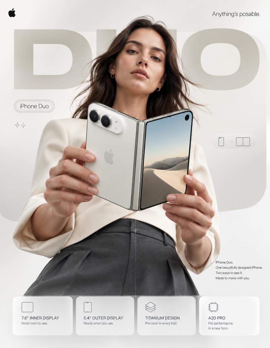 A female model holds a closed-then-opening titanium phone in front of an oversized warm silver block lettered DUO. The phone stays the first thing you see…
