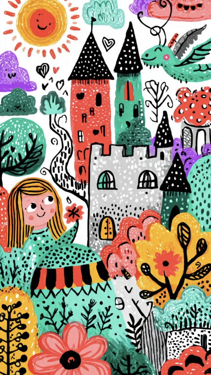 Folk-Art Fairy-Tale Girl With Whale and Dragon — AI result, variation 2 of 2