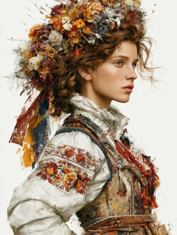 Folk Wildflower Wreath Portrait in Oil Paint — AI result, variation 2 of 4