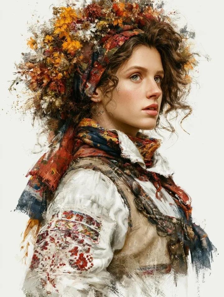 Folk Wildflower Wreath Portrait in Oil Paint — AI result, variation 3 of 4